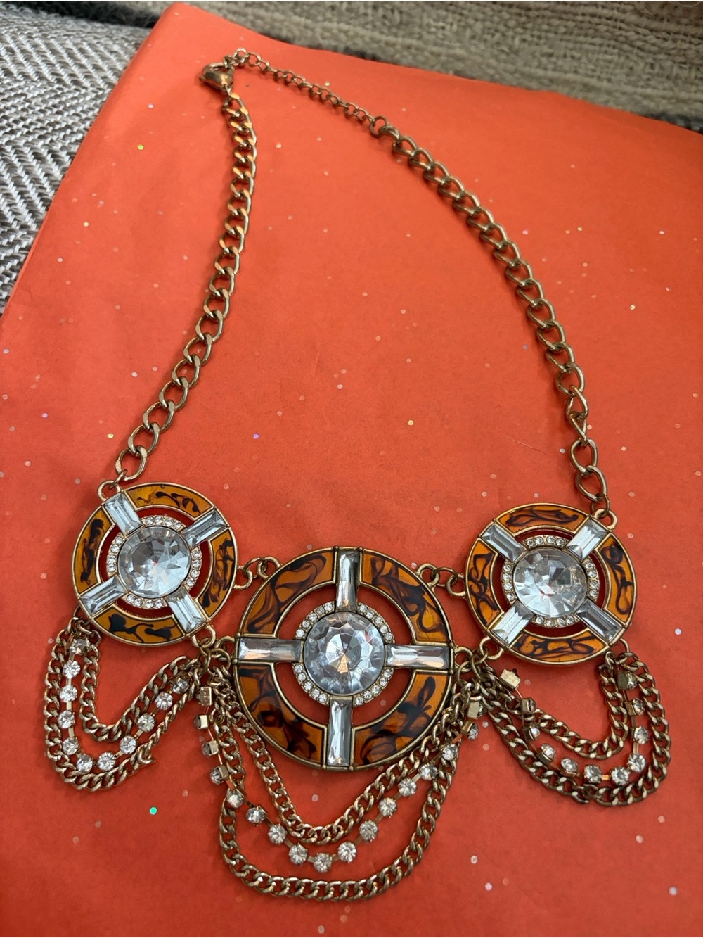 Gold-Tone Statement Necklace with Amber Enamel and Clear Crystals